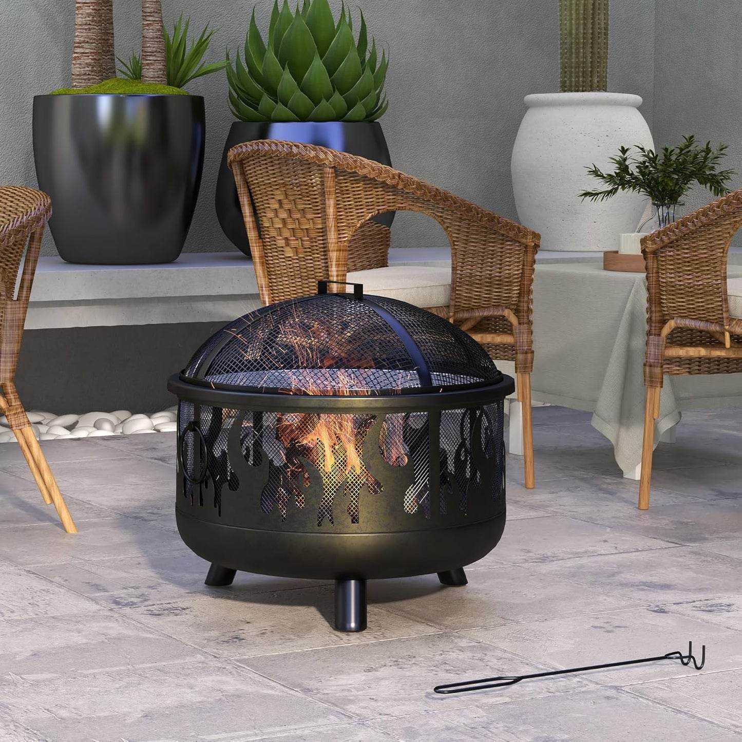 Metall Feuerschale mit Funkenschutz & Grillrost, 61 cm