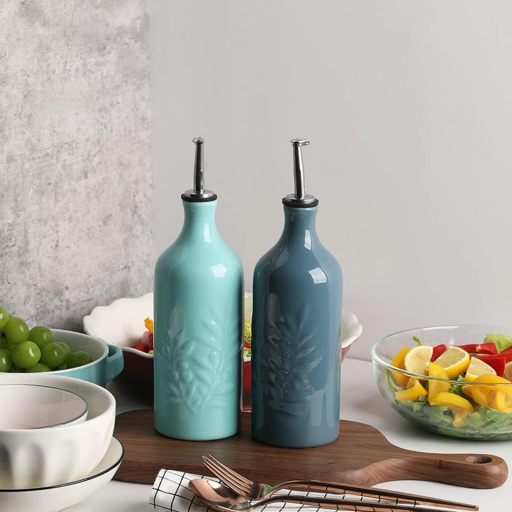 Keramische Olivenölspenderflasche, Nebelblau Olivenblatt Relief 570ml