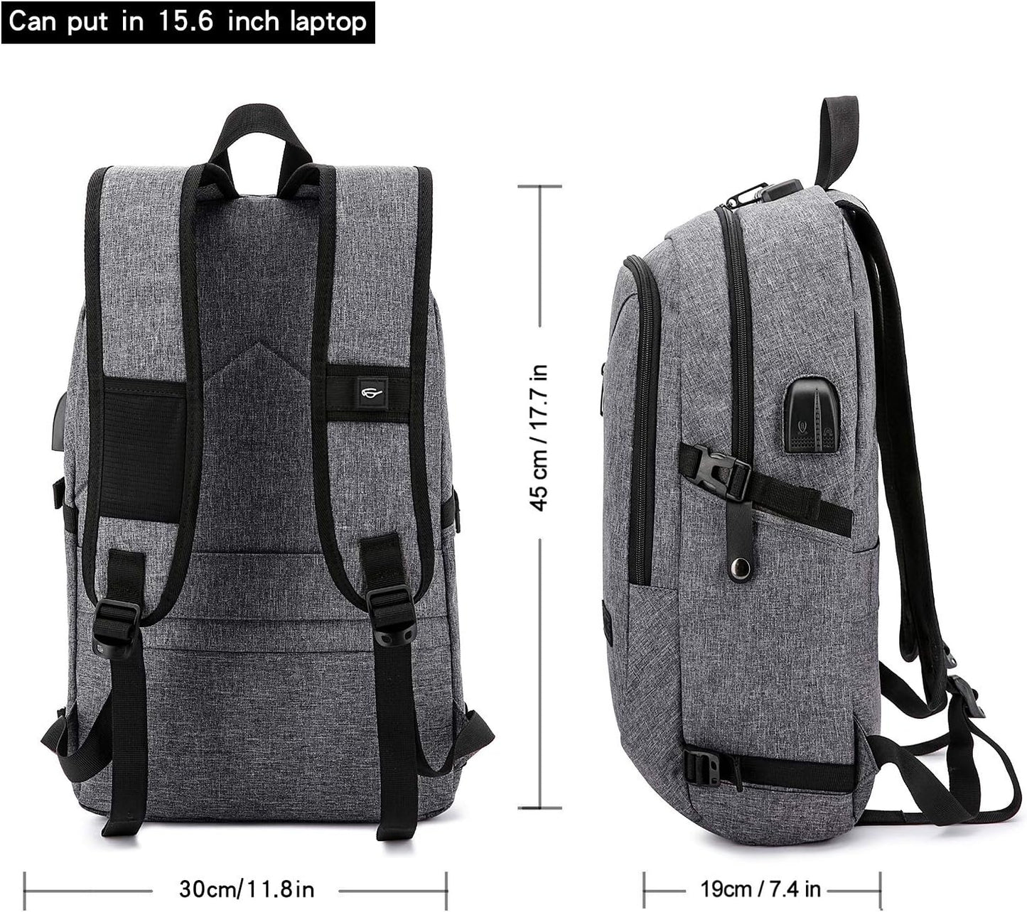 Laptop-Rucksack mit USB-Anschluss, Anti-Diebstahl-Schutz, 15,6 Zoll Grau