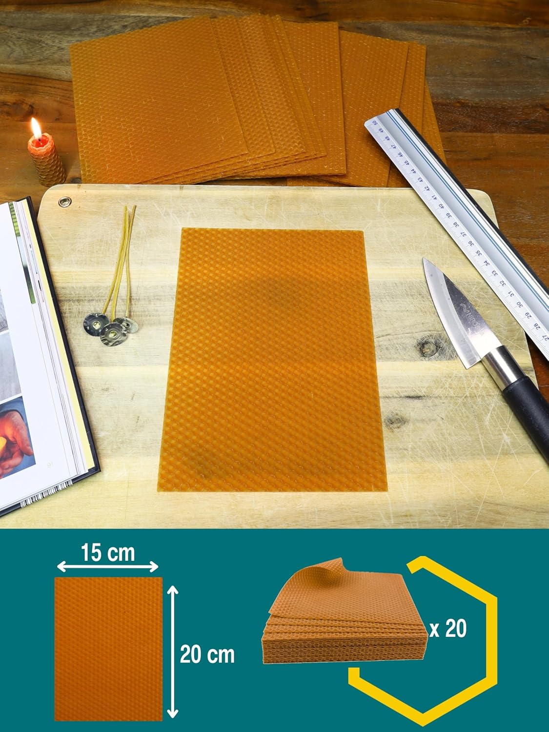 20er Set Bienenwachsplatten für Kerzenherstellung, Karamell | 20 X 15 cm