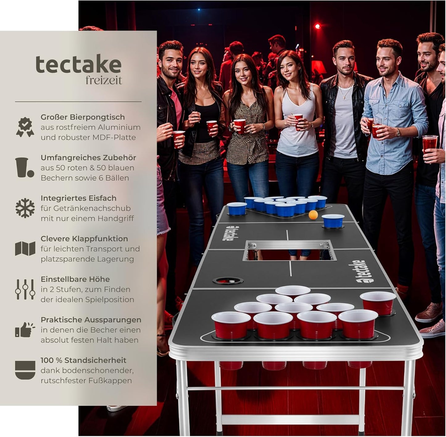 Bierpong Tisch mit Bechern und Bällen, klappbar, Beer Ball Blitz