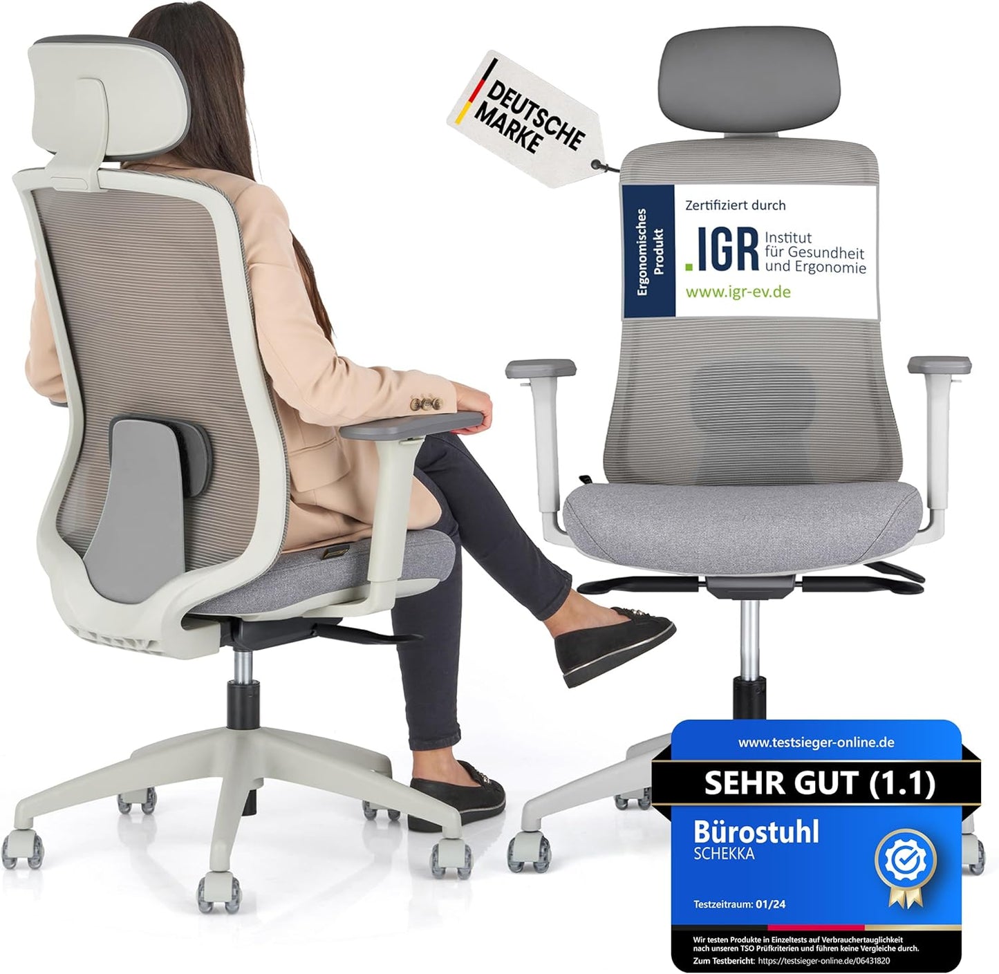 Ergonomischer Bürostuhl mit Armlehnen, Mit Kopfstütze / Hellgrau/ Grau
