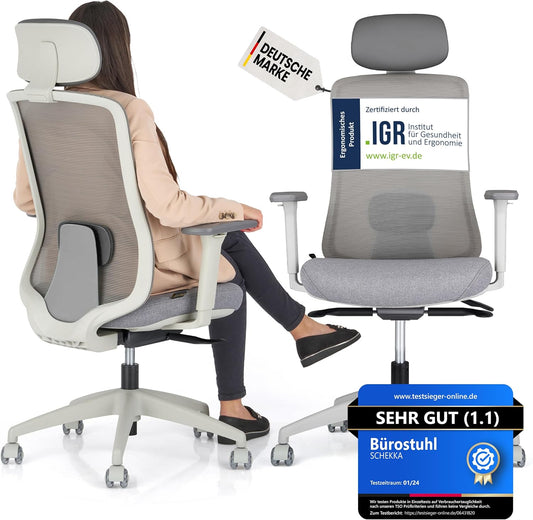 Ergonomischer Bürostuhl mit Armlehnen, Mit Kopfstütze / Hellgrau/ Grau