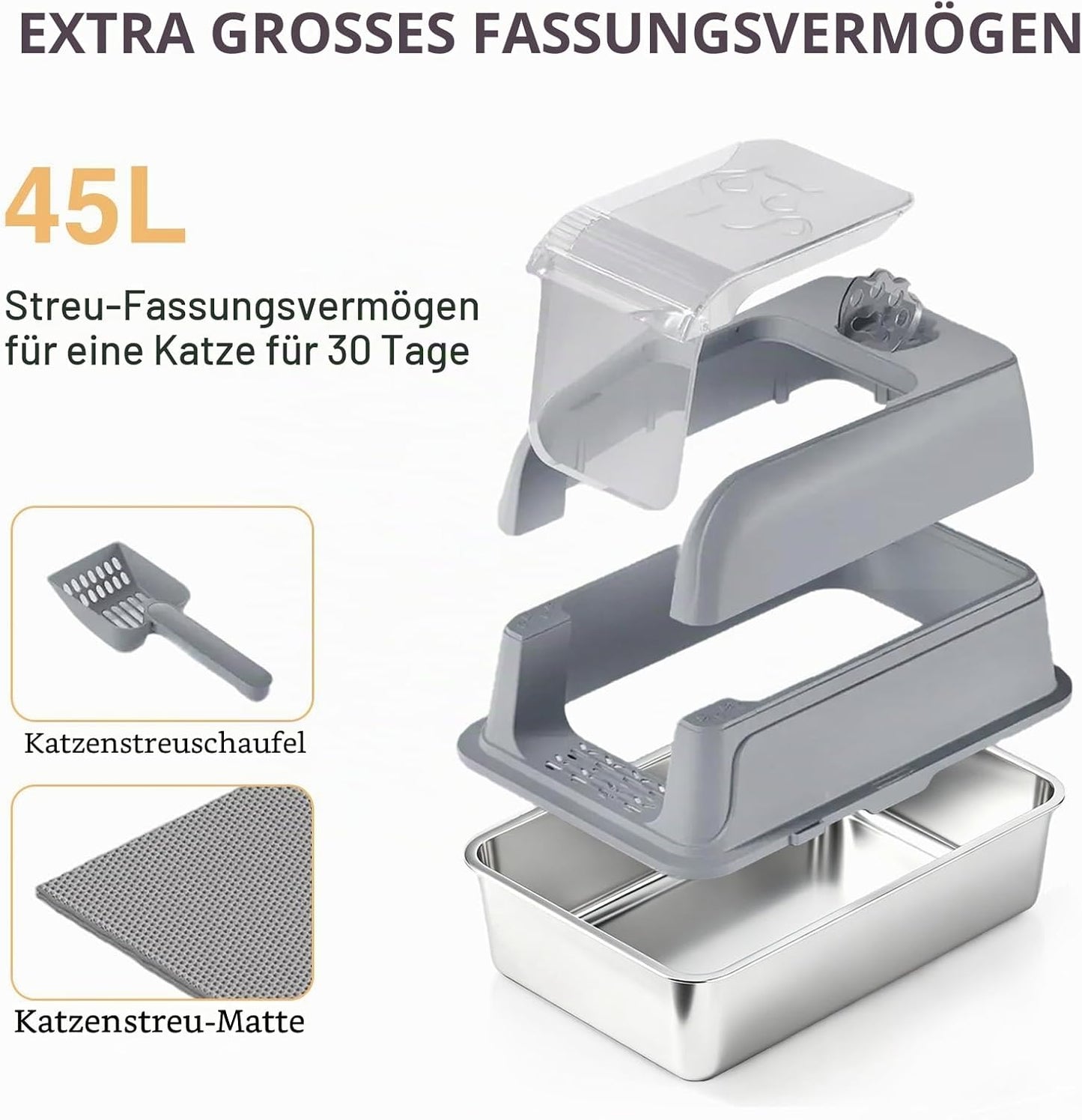 Edelstahl Katzenklo mit Hohem Rand und Klappdeckel, A-Grau XXL-Vollständig aufklappbarer Deckel