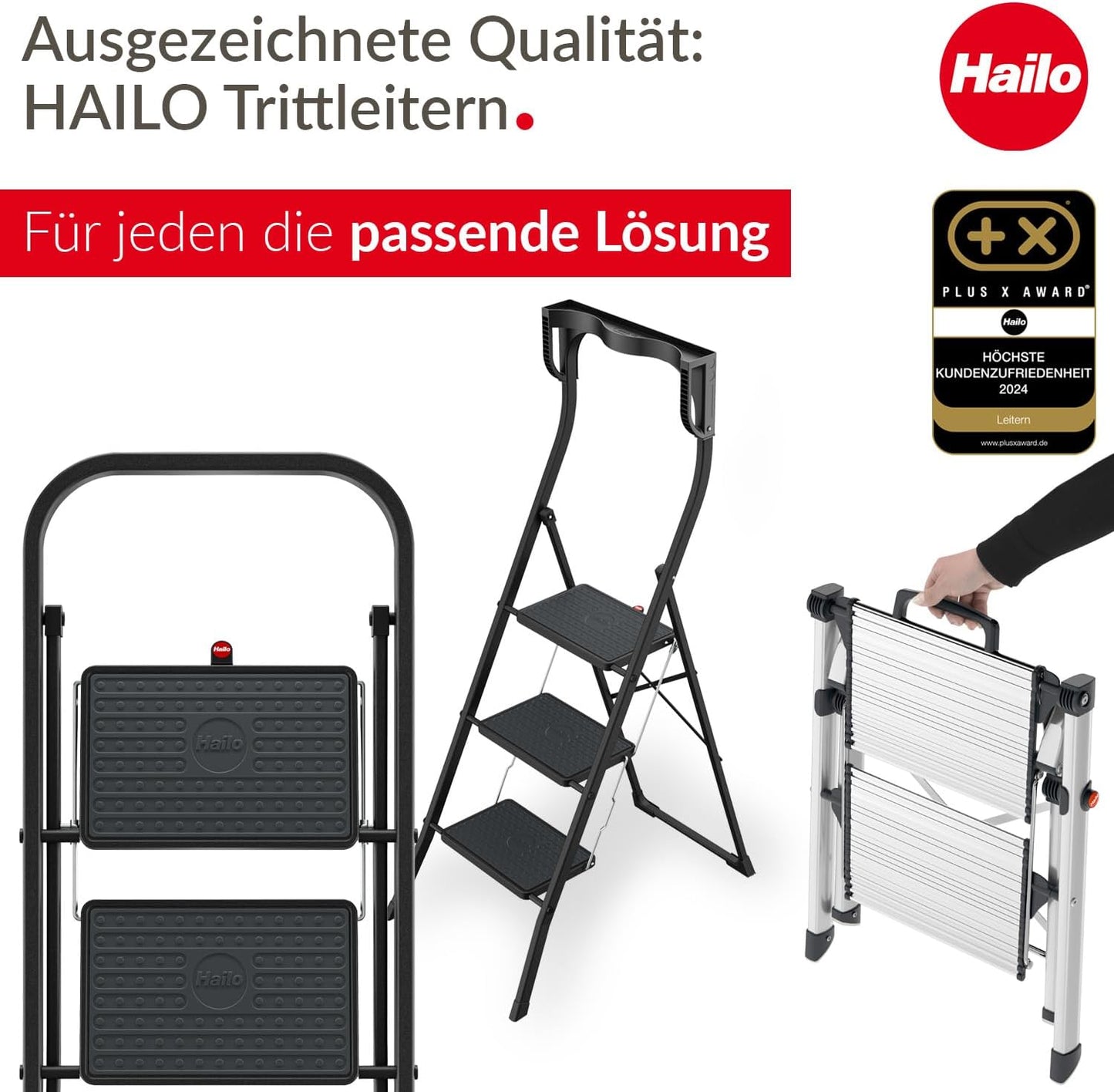 3-stufige Trittleiter K44 mit Anti-Rutsch-Matten, Schwarz 3 Stufen