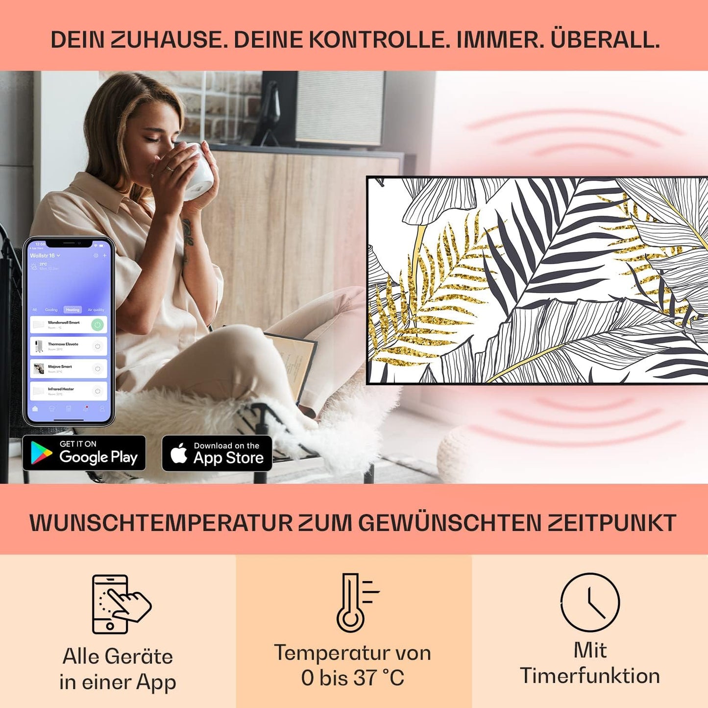 Air Art Smart Infrarotheizung, 120 x 60 cm/ 700 W Blatt - Schwarz