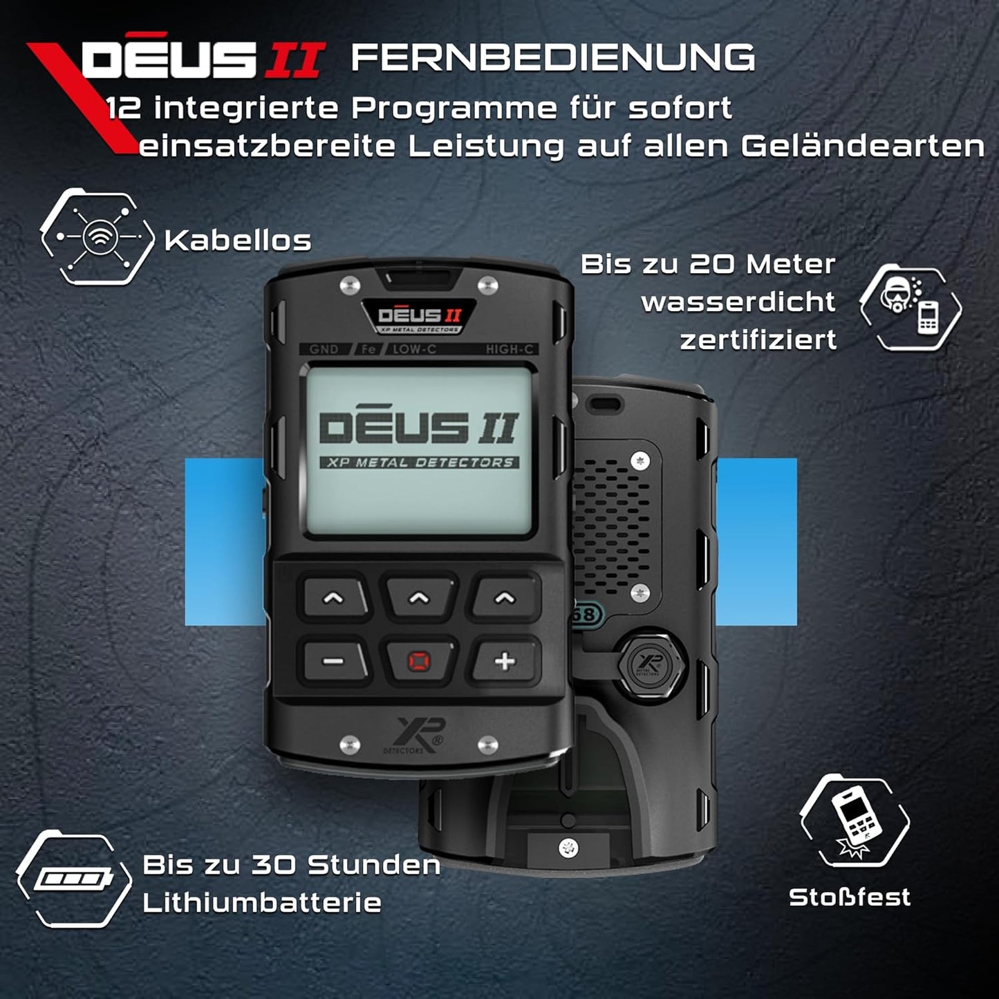 Deus II Metalldetektor, Fernbedienung FMF-Spule 34x28cm