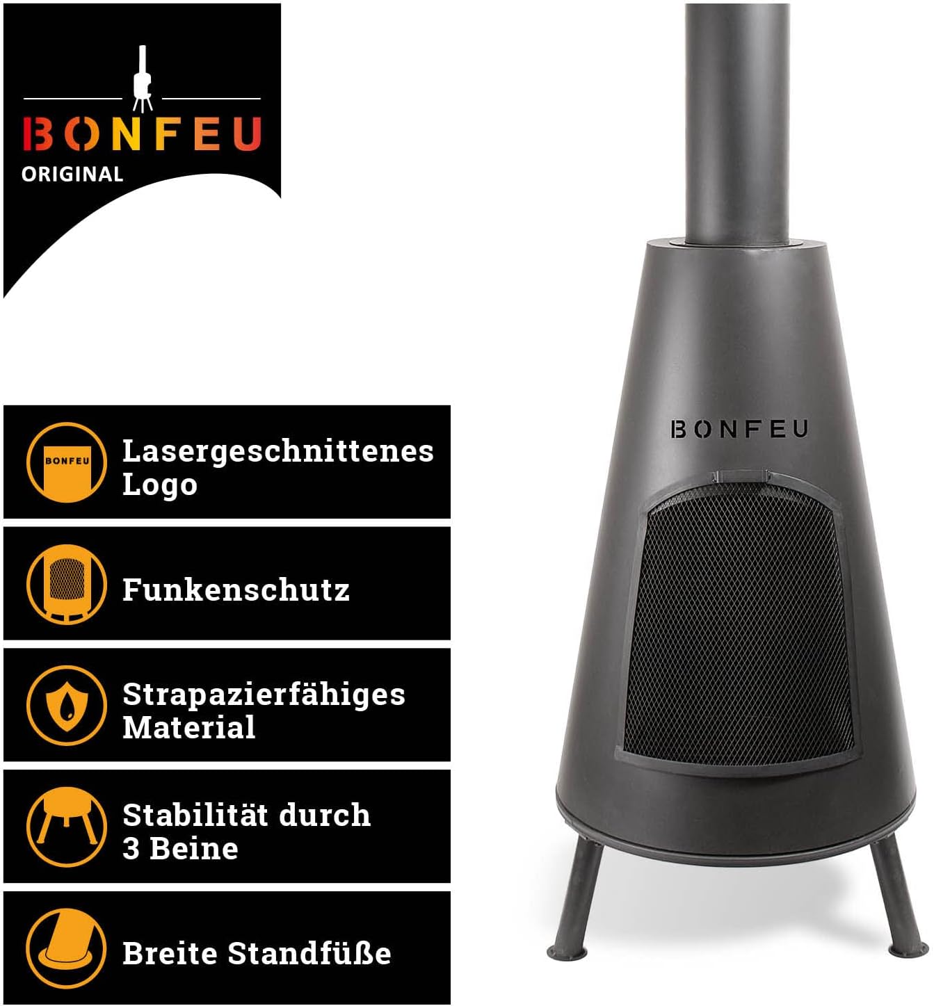 Terrassenofen mit Funkenschutz und Grillrost, Bonpyra Schwarz (54x54x80cm)