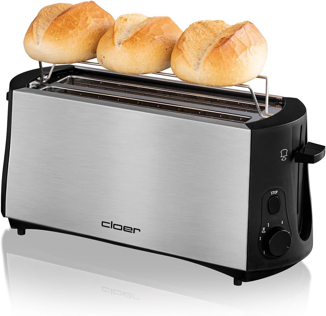 Langschlitztoaster für 4 Scheiben mit Brötchenaufsatz, Edelstahlgehäuse 4 Scheiben Langschlitz Single