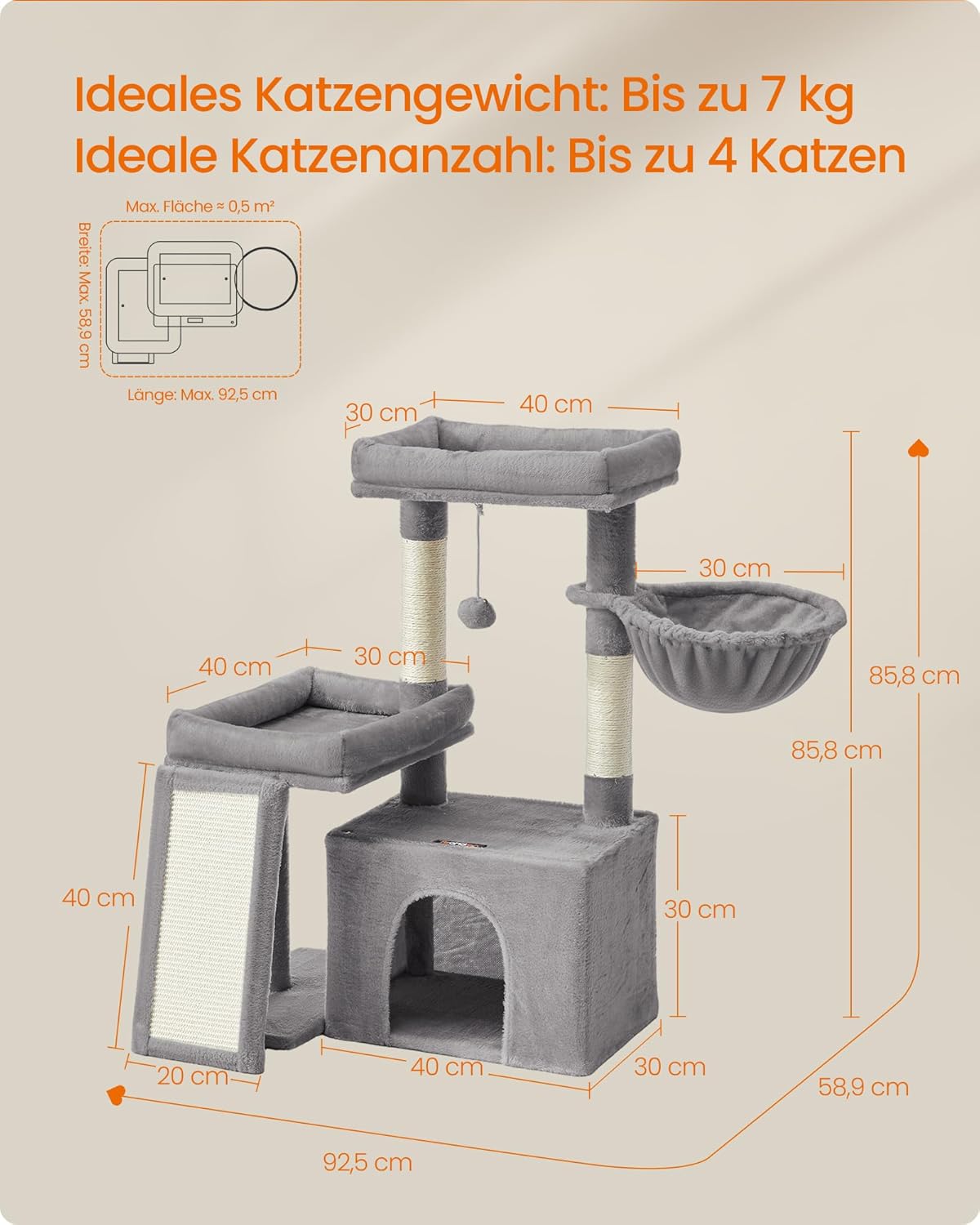 Kratzbaum PCT013GD01 mit Plattformen und Höhle, taubengrau M (92,5 x 58,9 x 85,8 cm)