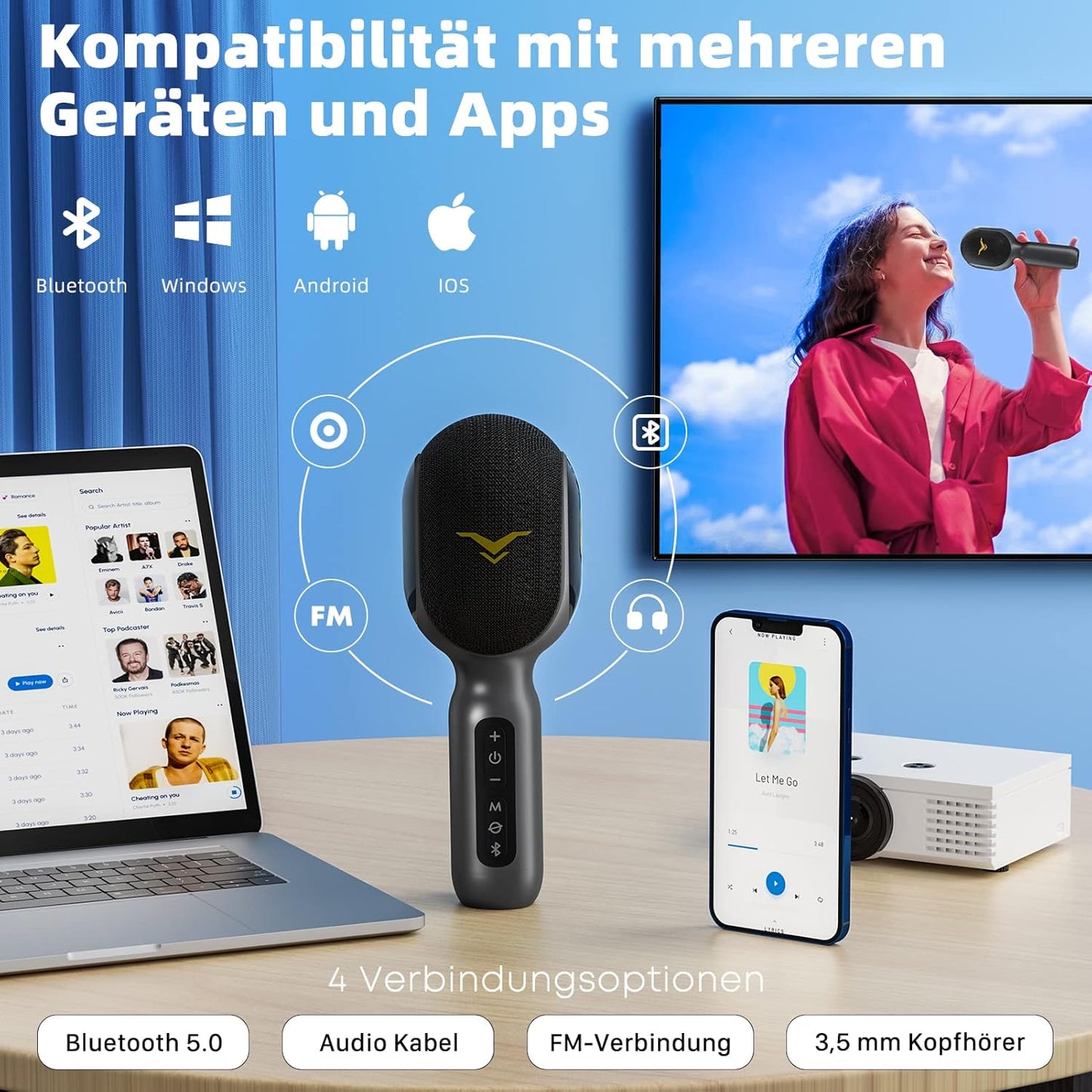 Karaoke-Mikrofon mit Bluetooth und Aufnahmefunktion, Grau