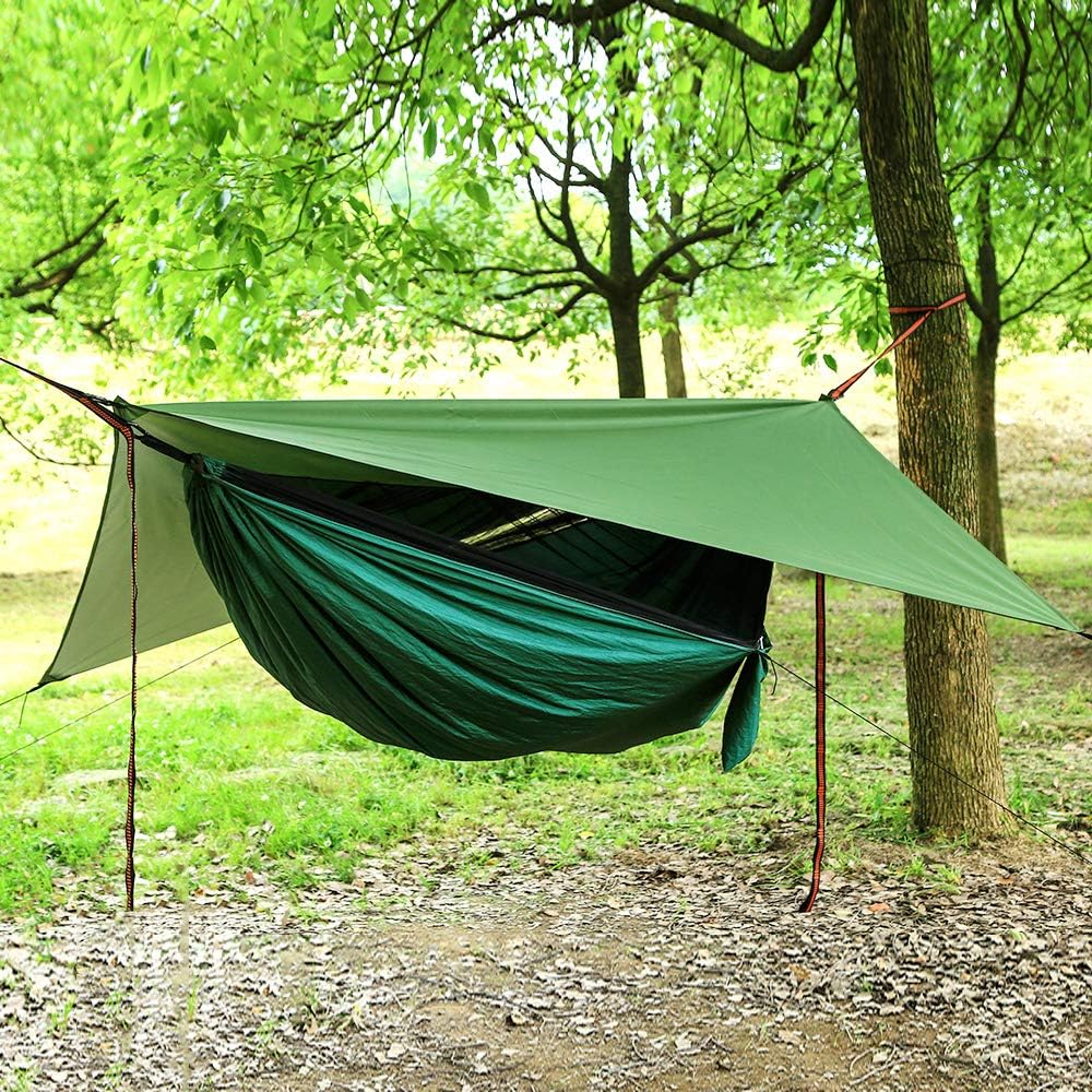 Camping-Hängematten-Set mit Moskitonetz und Regenfliege, Dunkelgrün