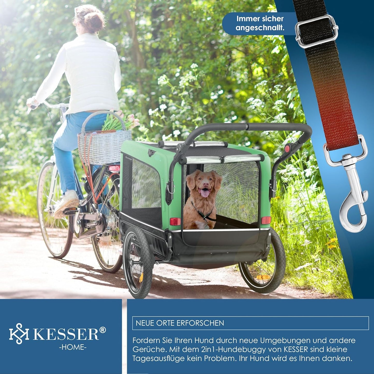 3-in-1 Hundeanhänger, Hundebuggy & Buggy, 40 kg belastbar, Grün
