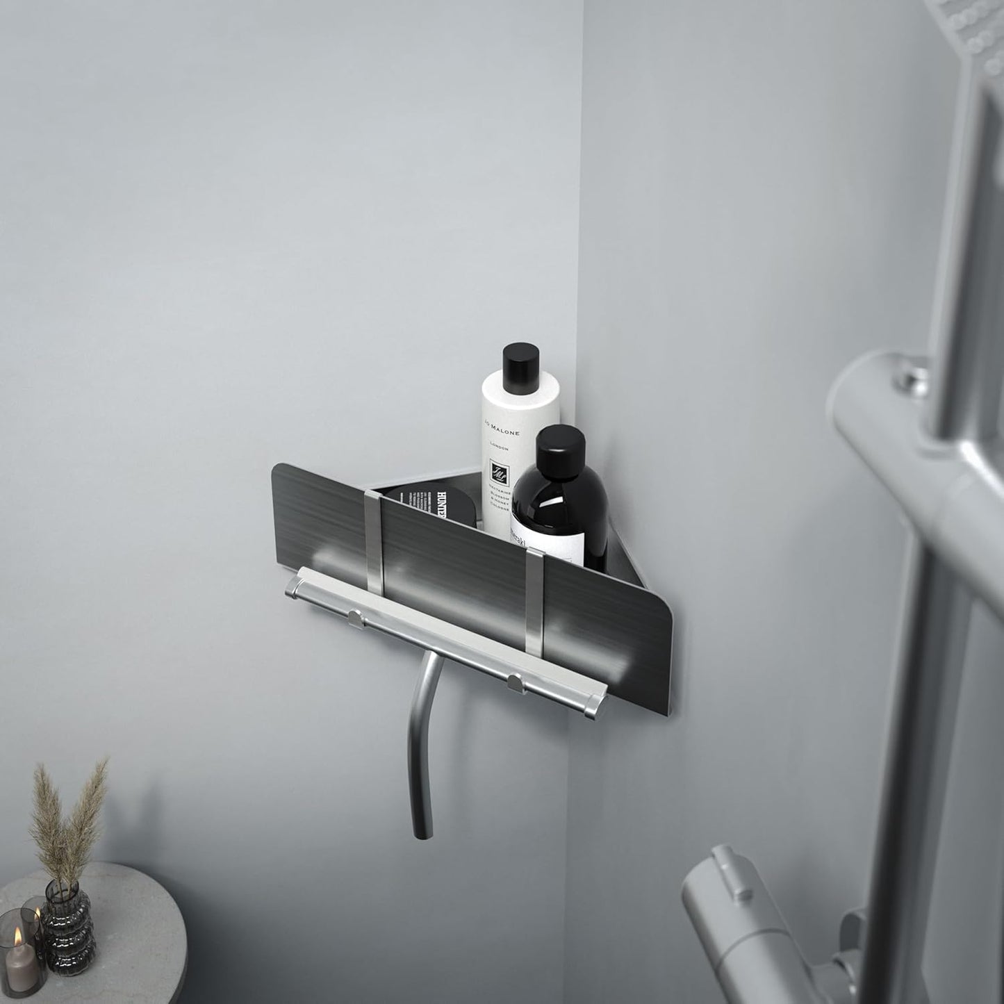 Eck-Duschablage ohne Bohren mit Ablaufrillen, Eck-Duschablage Silbergrau