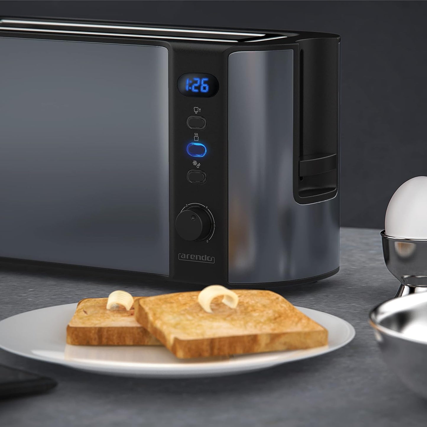 Langschlitztoaster Frukost mit Brötchenaufsatz und LCD Display, A: Cool Grey