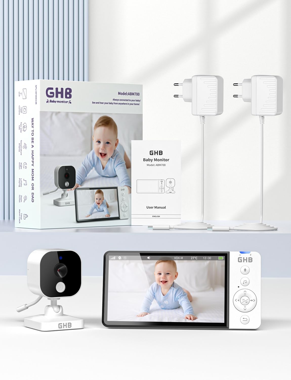ABM700E Babyphone mit Kamera und 5 Zoll HD-Display, manuell drehbar