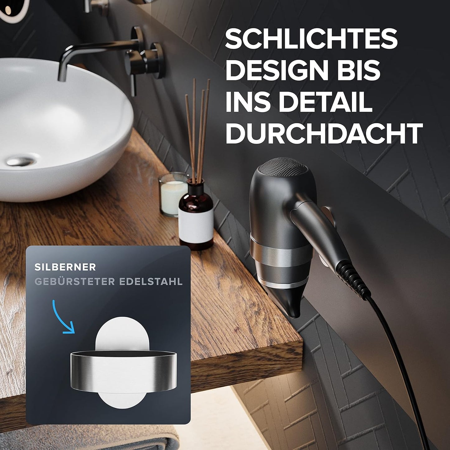 Haartrocknerhalter zur Wandmontage ohne Bohren, Silber Zum Kleben