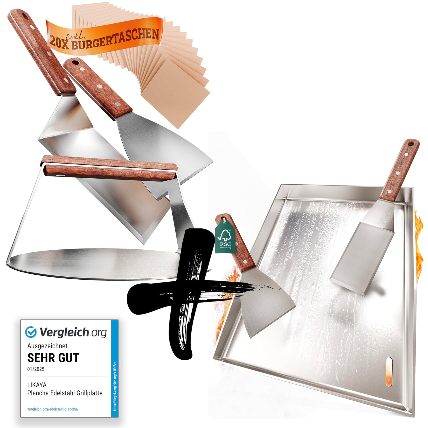Grillplatte & Burger-Smasher-Set, Bundel: Plancha-set & Burger Smasher-set 30x40cm