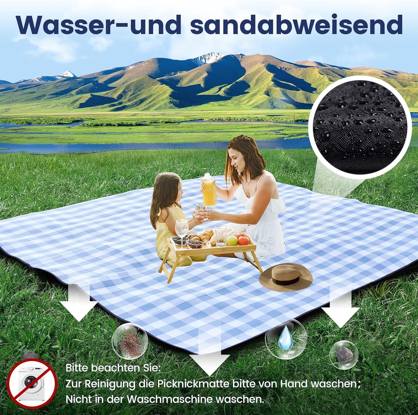Wasserdichte Picknickdecke, Blau-weiss Kariert 200 x 200 cm