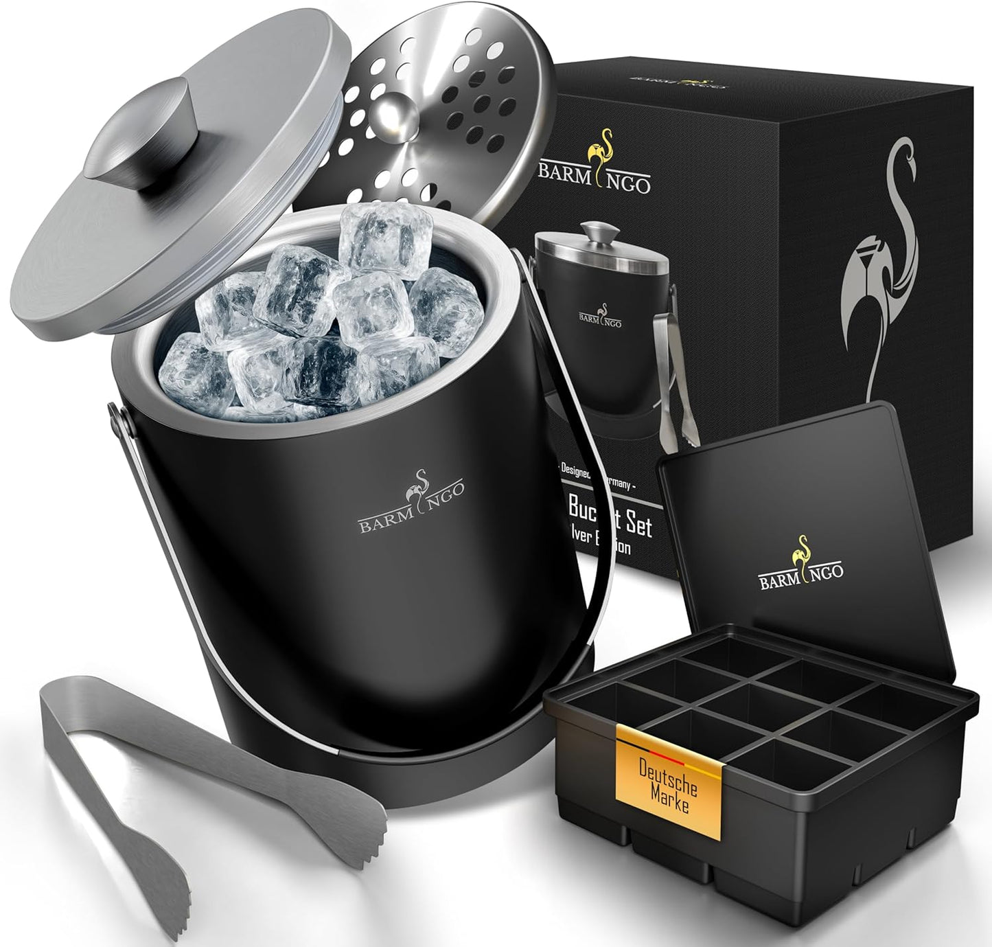 Eiswürfelbehälter mit Deckel, Schwarz-Silber