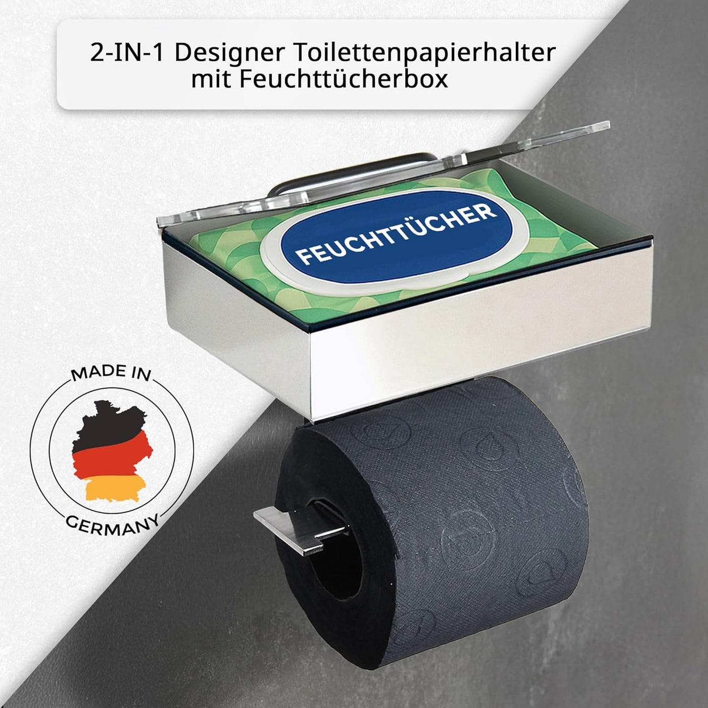 Toilettenpapierhalter mit Feuchttücherbox, Gehäuse Poliert Abdeckung Glas Schwarz-2 Befüllbar Von Lins