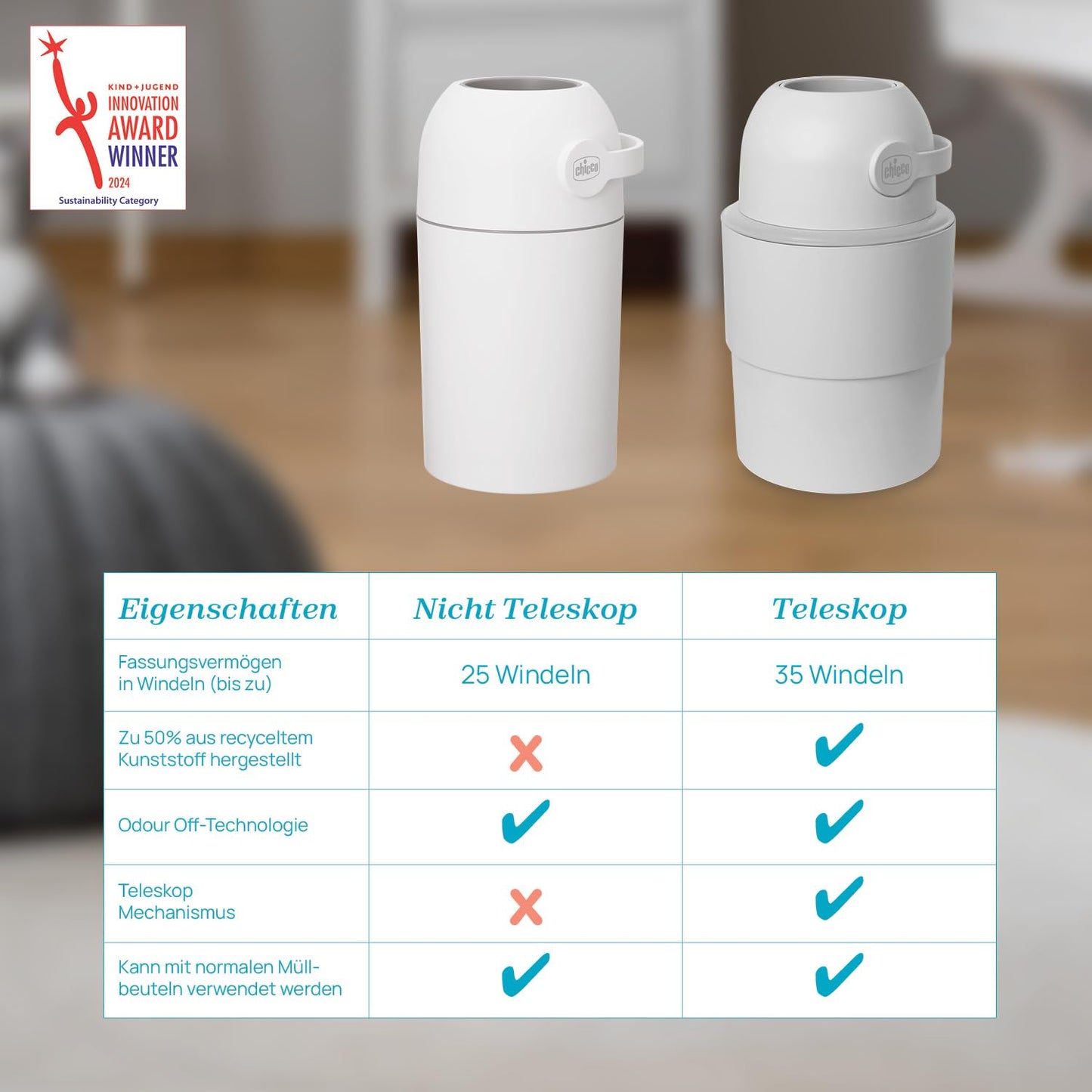 Teleskop-Windeleimer mit Odour Off-Kompatibilität, Telescope Grau Telescope