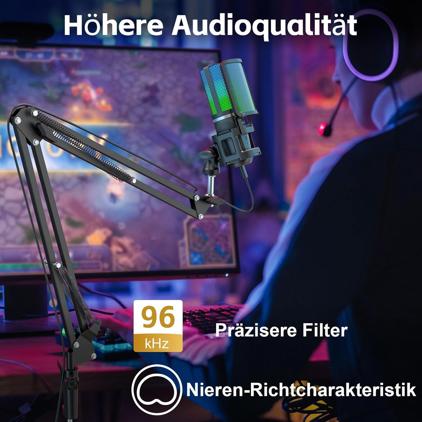 USB Gaming Mikrofon A68S mit RGB/Mute & Ständer-Set, A68S + Stativ & Boom arm