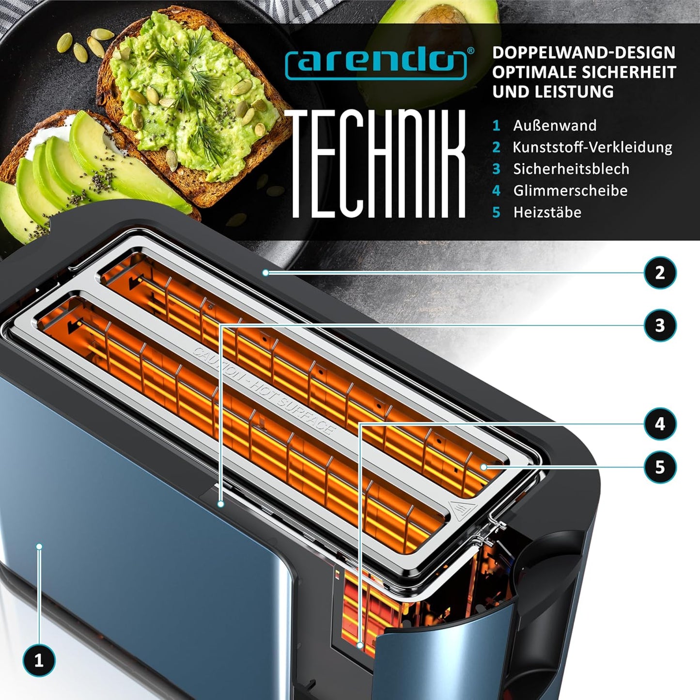 Edelstahl Langschlitztoaster mit Touchscreen, D: Blau