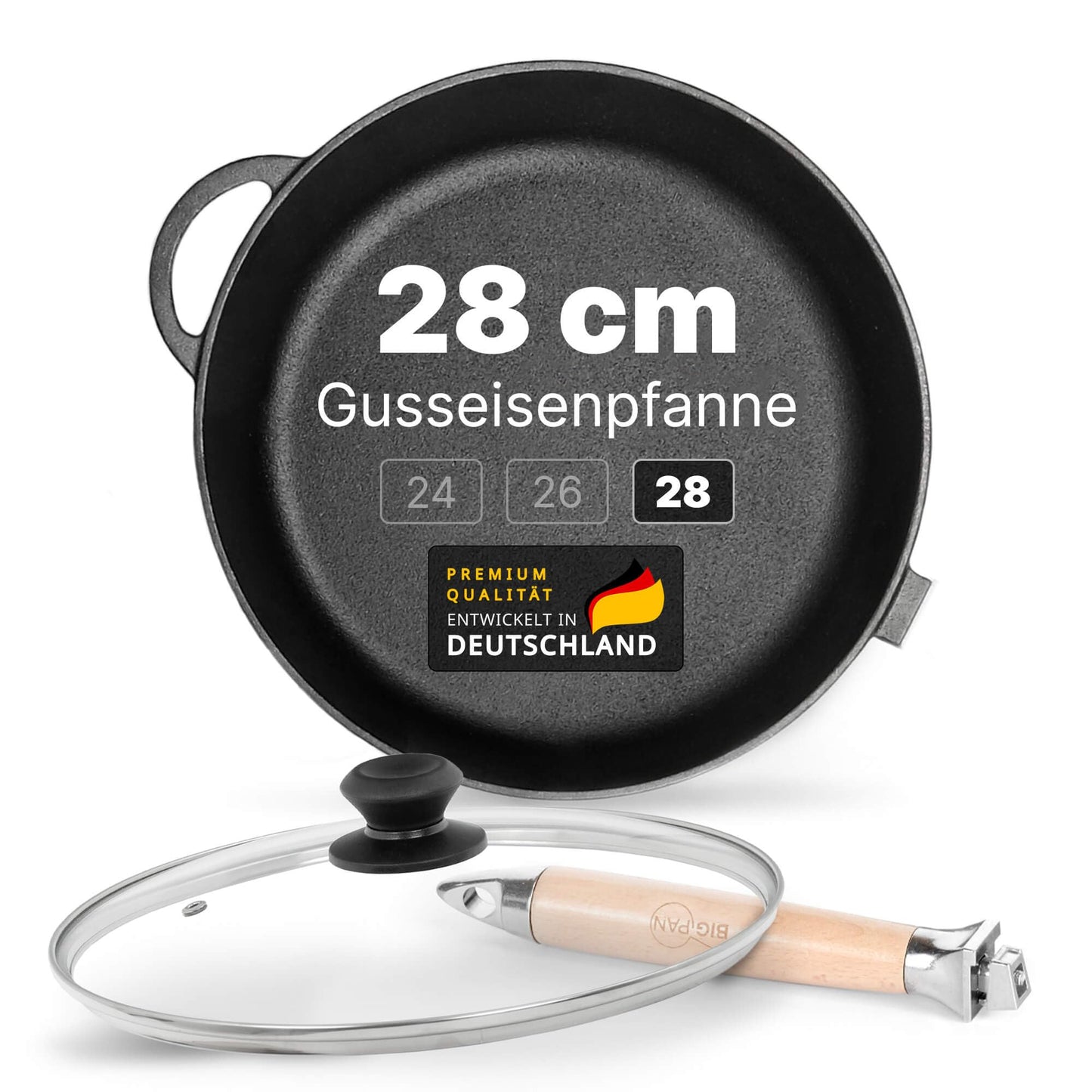 Gusseisenpfanne mit Glasdeckel und Holzgriff, 28 cm Mit Deckel