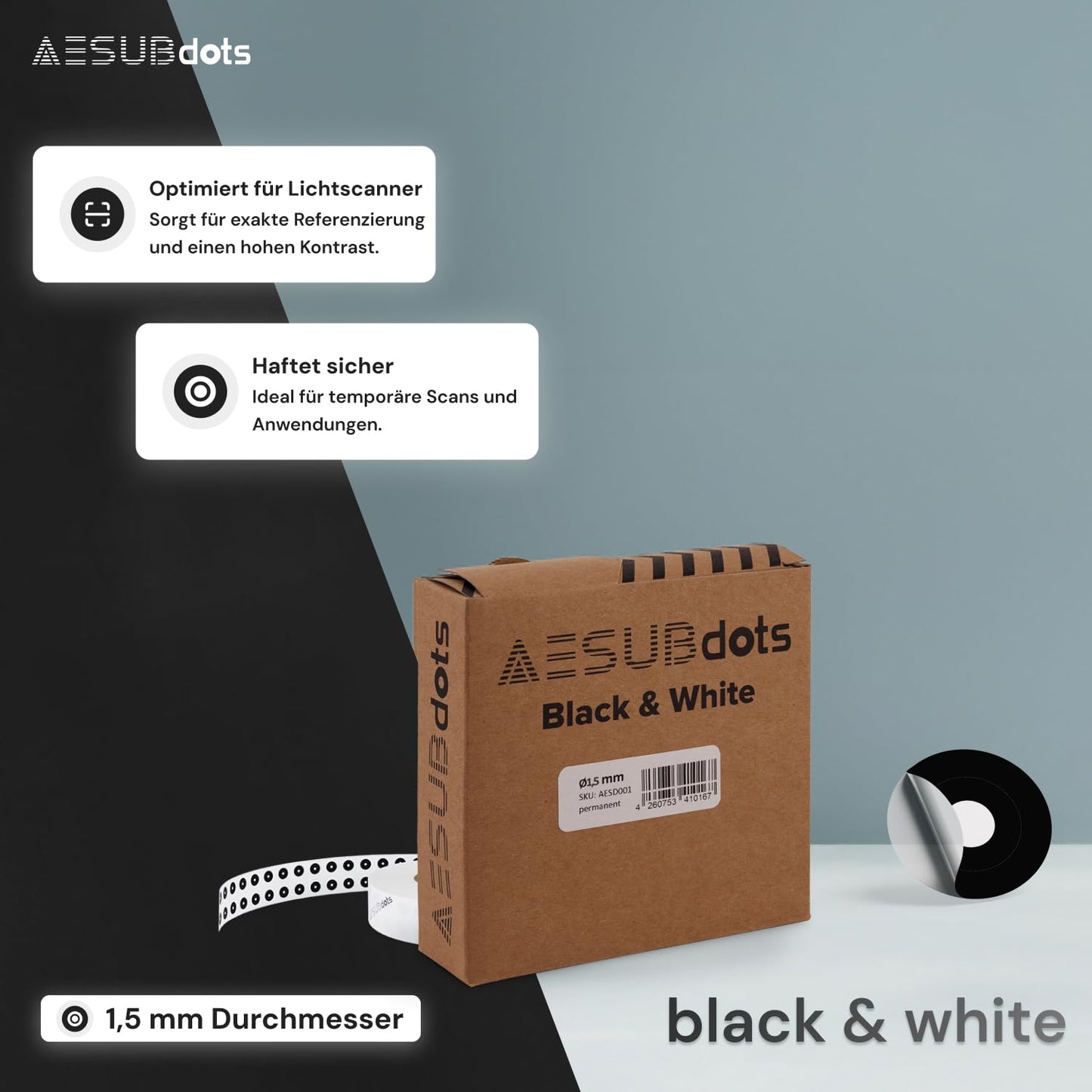Weisse Referenzpunkte für 3D-Scanner, 1,5 mm Schwarz & Weiß