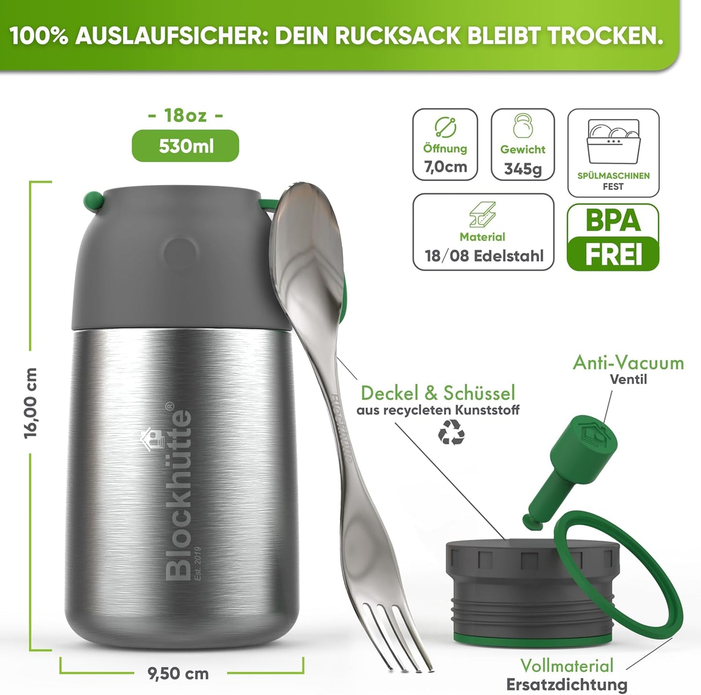 Thermobecher für Essen, 530ml Edelstahl, Silber 530 ml