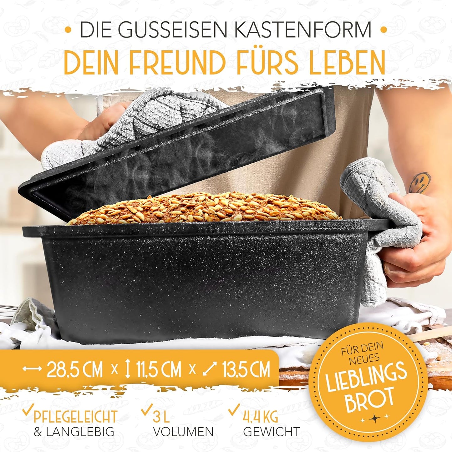 Brotbackform mit Deckel inkl. Gärkorb, Kastenform Gusseisen