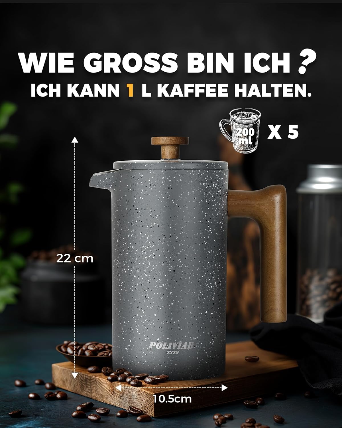 French Press Kaffeebereiter 1L, doppelwandig, mit Holzgriff, 1000 ml-1 Stein