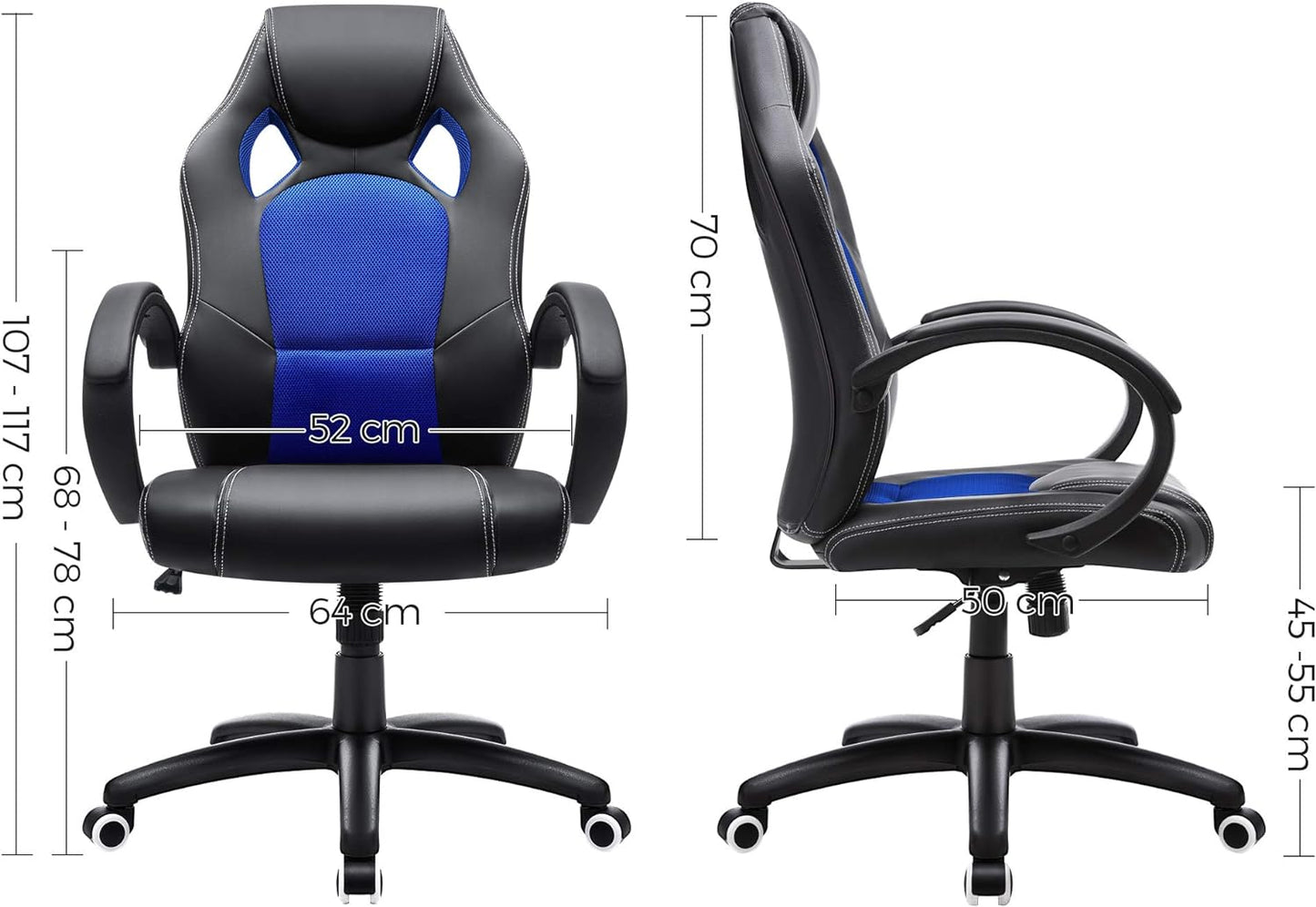 Racing Drehstuhl, Schwarz-blau, 52 x 50 x (107-117) cm