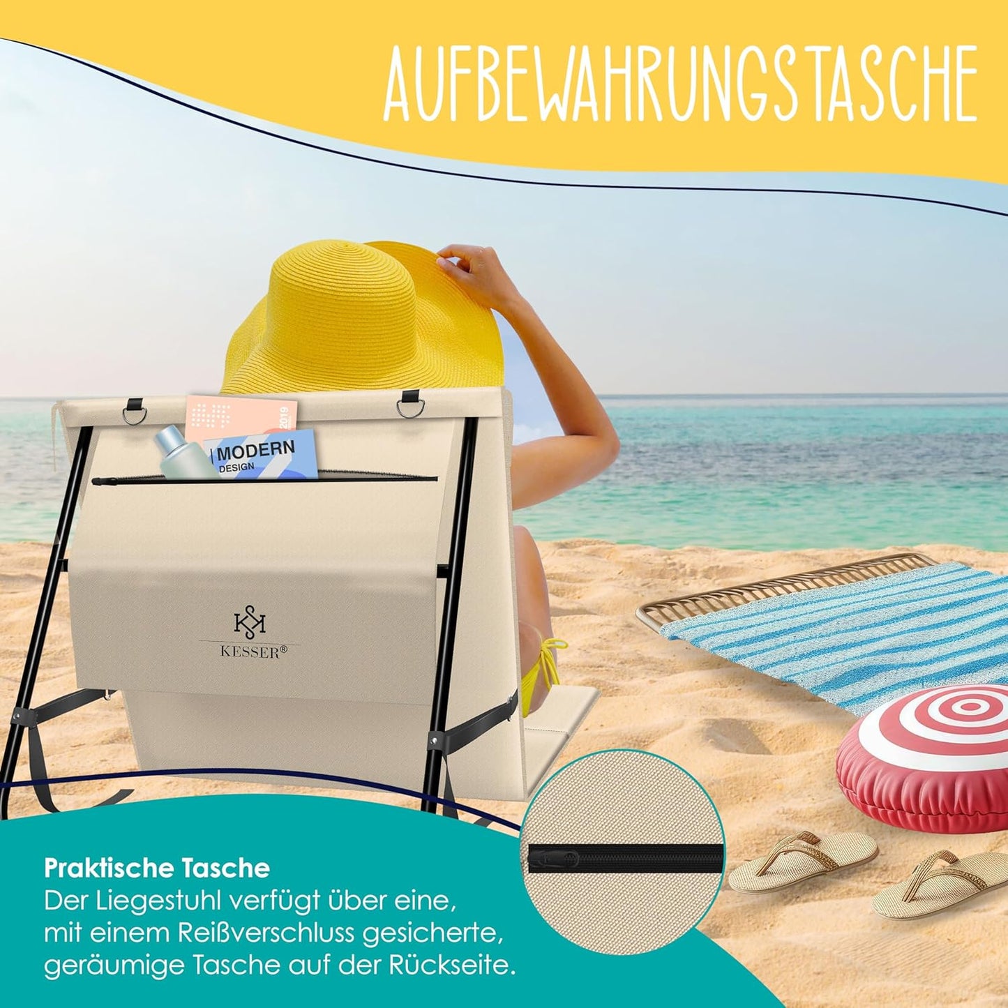 Klappbare Strandmatte mit Rücklehne und Tasche, 1 Stück Beige