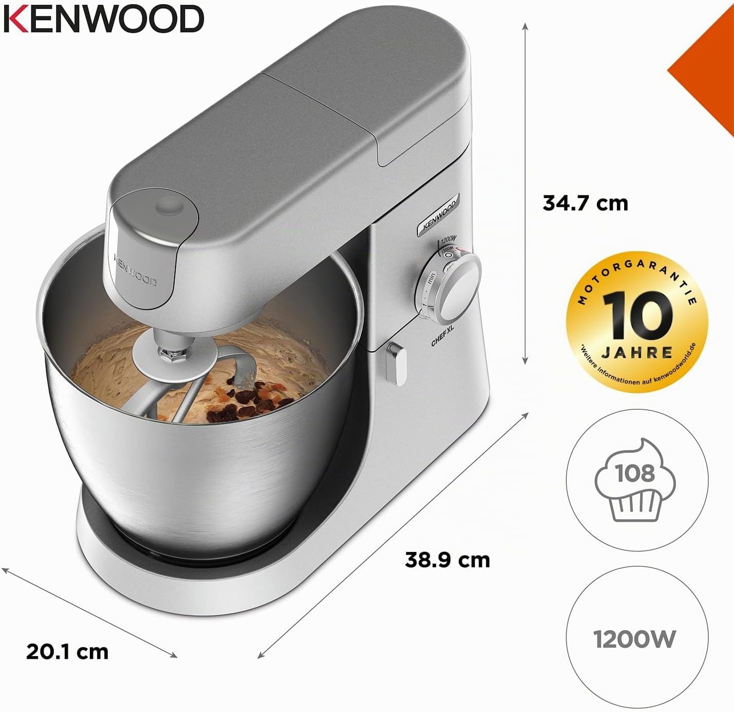 Küchenmaschine Chef XL, silberne 6,7L Schüssel + Mixer