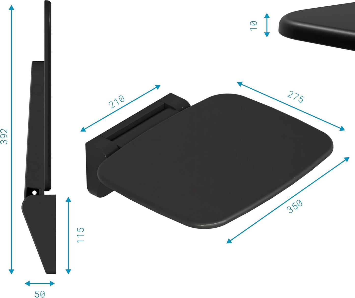 Klappbarer Duschsitz zur Wandmontage (bis 160 kg), Schwarz Duroplast