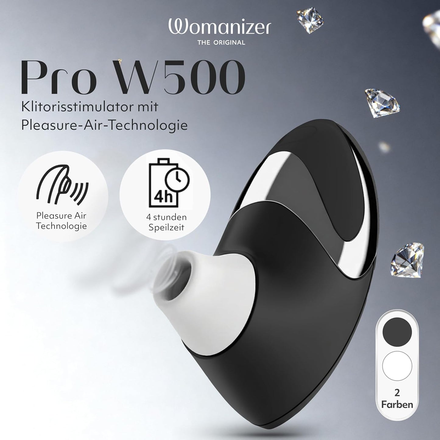 W500 Klitorisvibrator mit 12 Saugstufen, wasserdicht, Schwarz, Chrome 1 Stück (1er Pack)