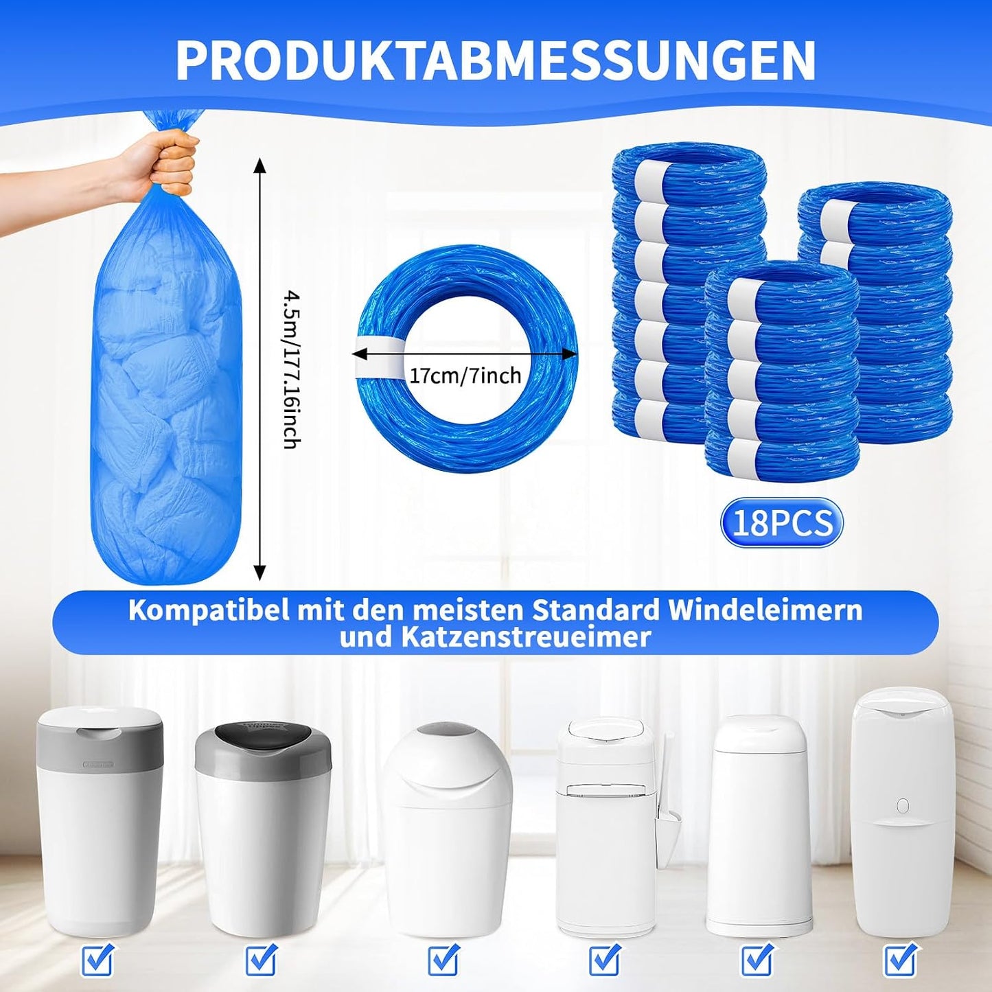 18-teiliges Nachfüllkassetten-Set für Windeleimer, Blau-18 Stück