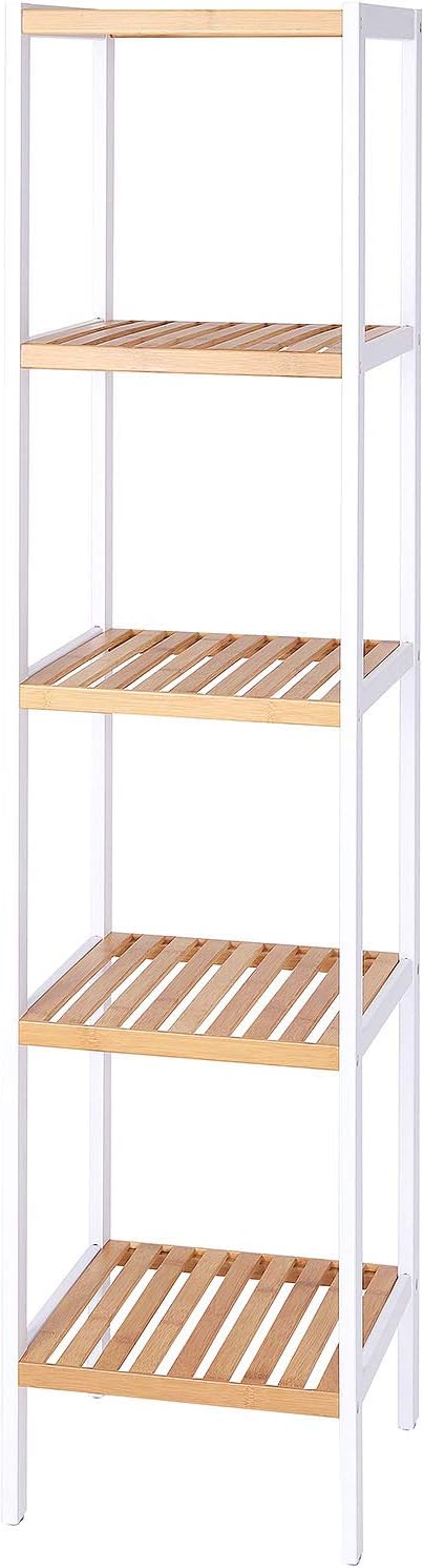 Badezimmerregal mit 5 Ablagen, Natur/Weiß 33x33x146 (5 Ablageflächen )