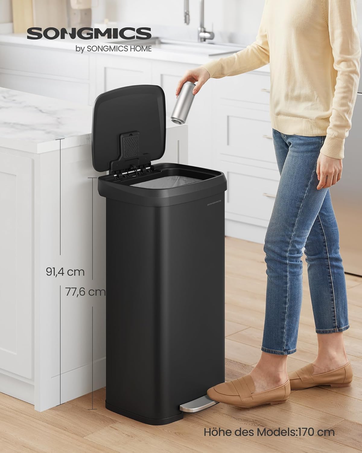 Tretmülleimer mit Kohlefilter und 15 Müllsäcke, 68 L Schwarz