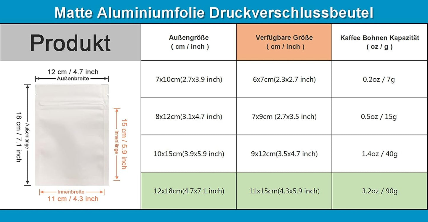100 Stück Aluminiumfolie Verpackung, Matt Weiss 12x18cm (4.7x7.1 inch)