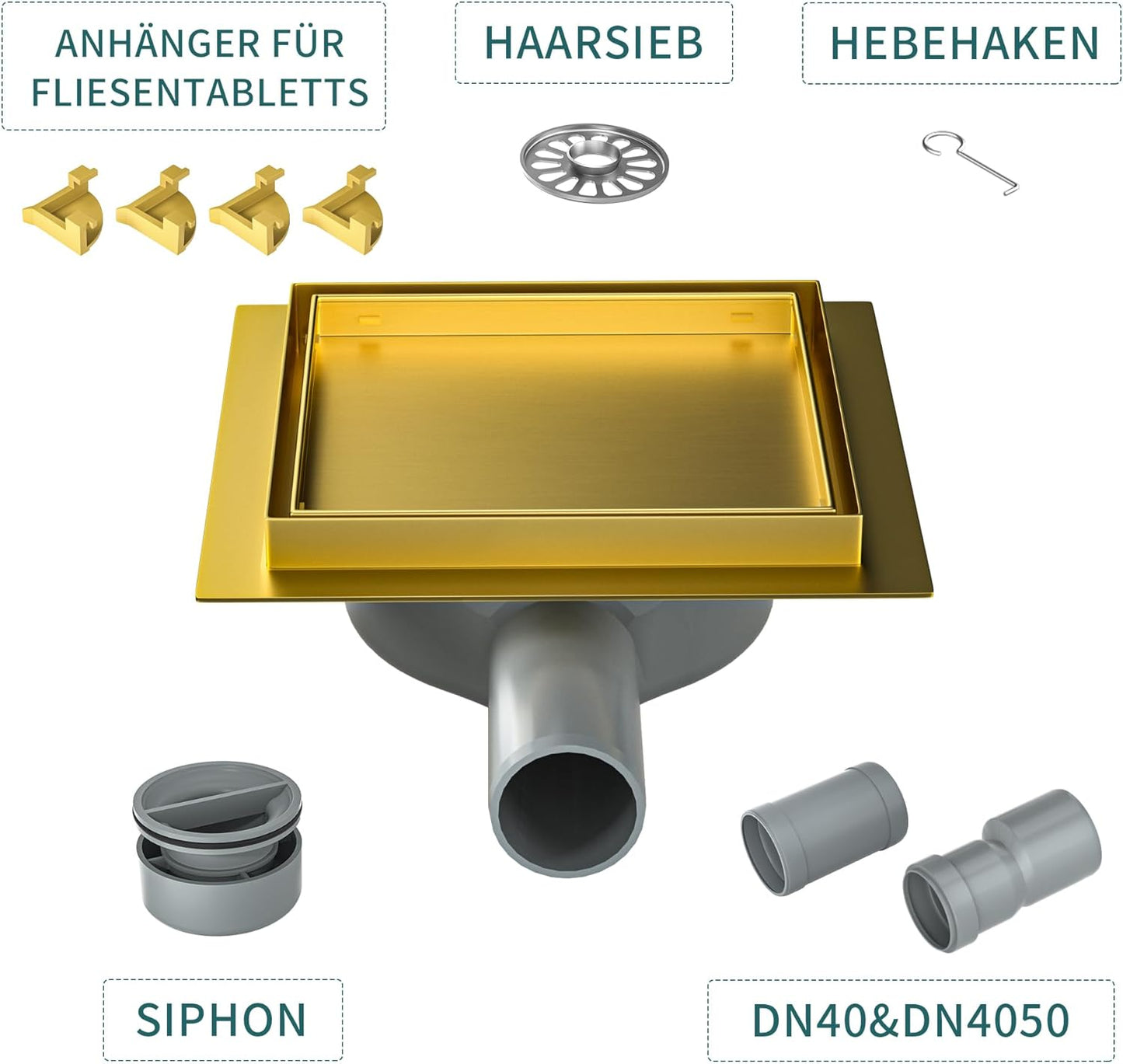 Duschrinne mit 360° Siphon und Geruchsstop, Gold 15cm