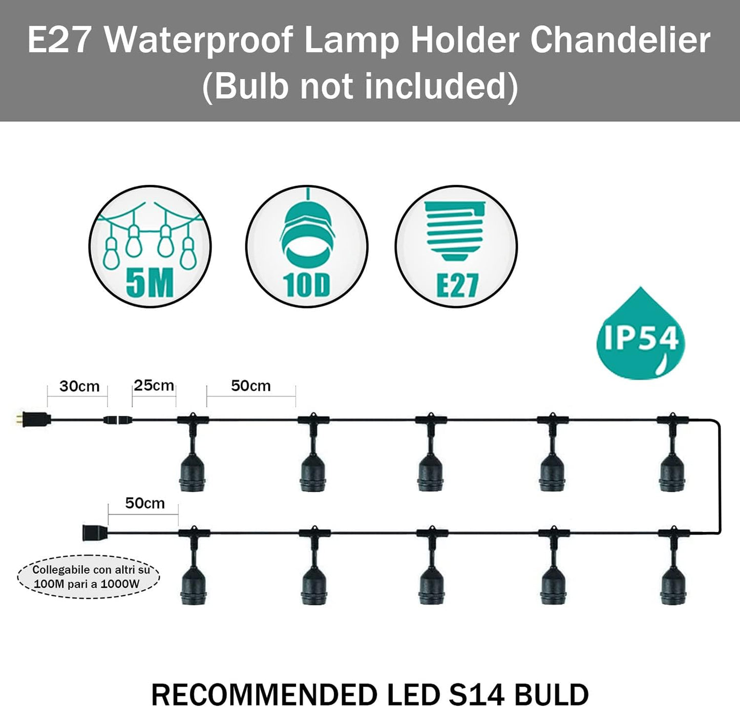 Outdoor Lichterkette mit 10 LED-Birnen, Schwarz-v(mit Lampen) 5M