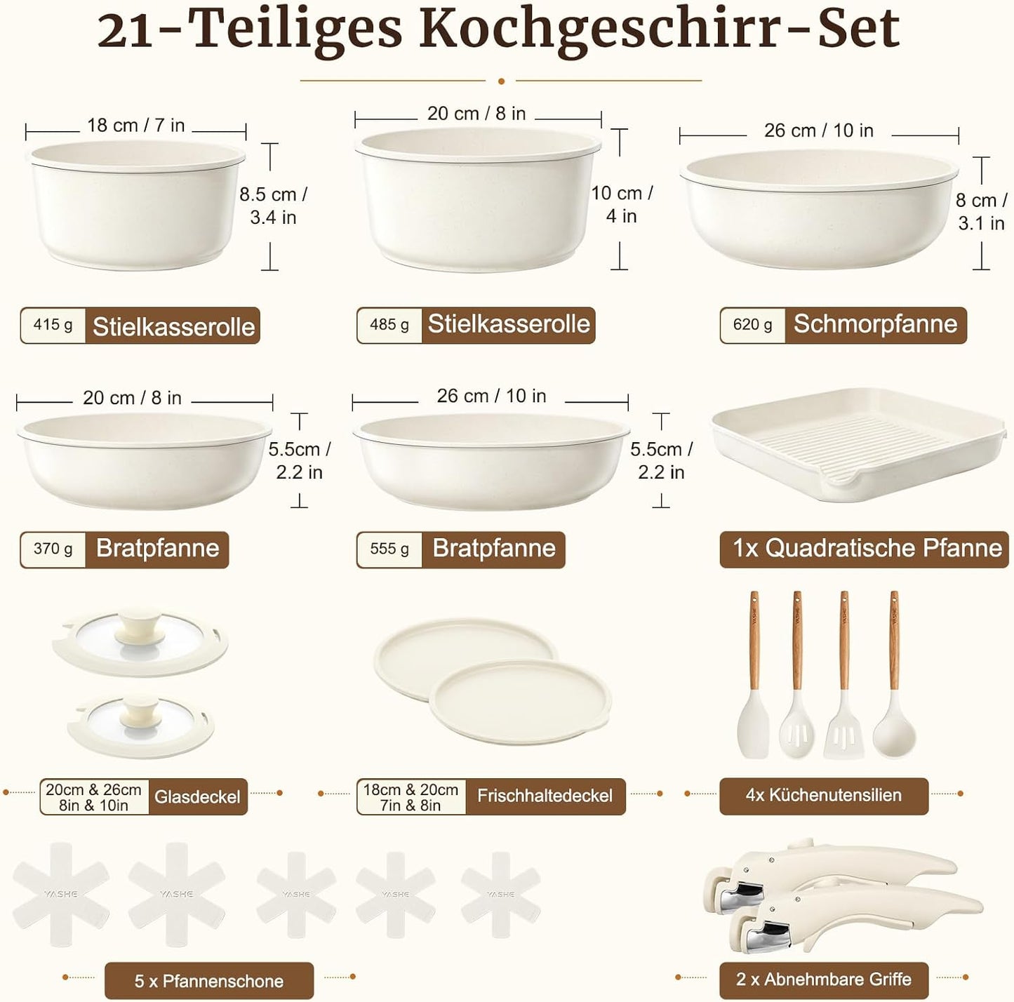 21-teiliges Kochgeschirrset mit abnehmbarem Griff, Weiss