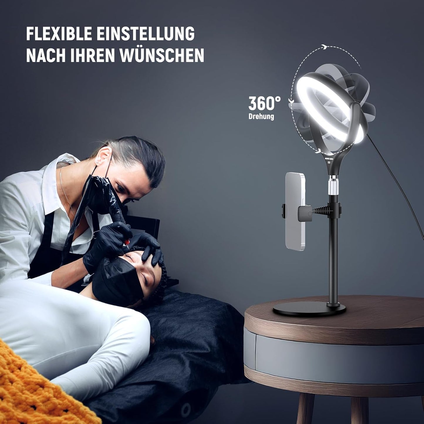 Tisch-Ringlicht mit Ständer und Handyhalterung, 7" Schwarz