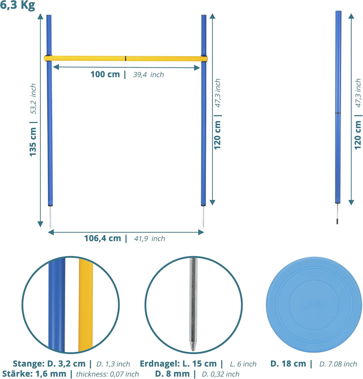 Agility-Trainingsset: Slalom Stangen mit Hürde, 12 Stangen + 3 Hindernisse blau-gelb
