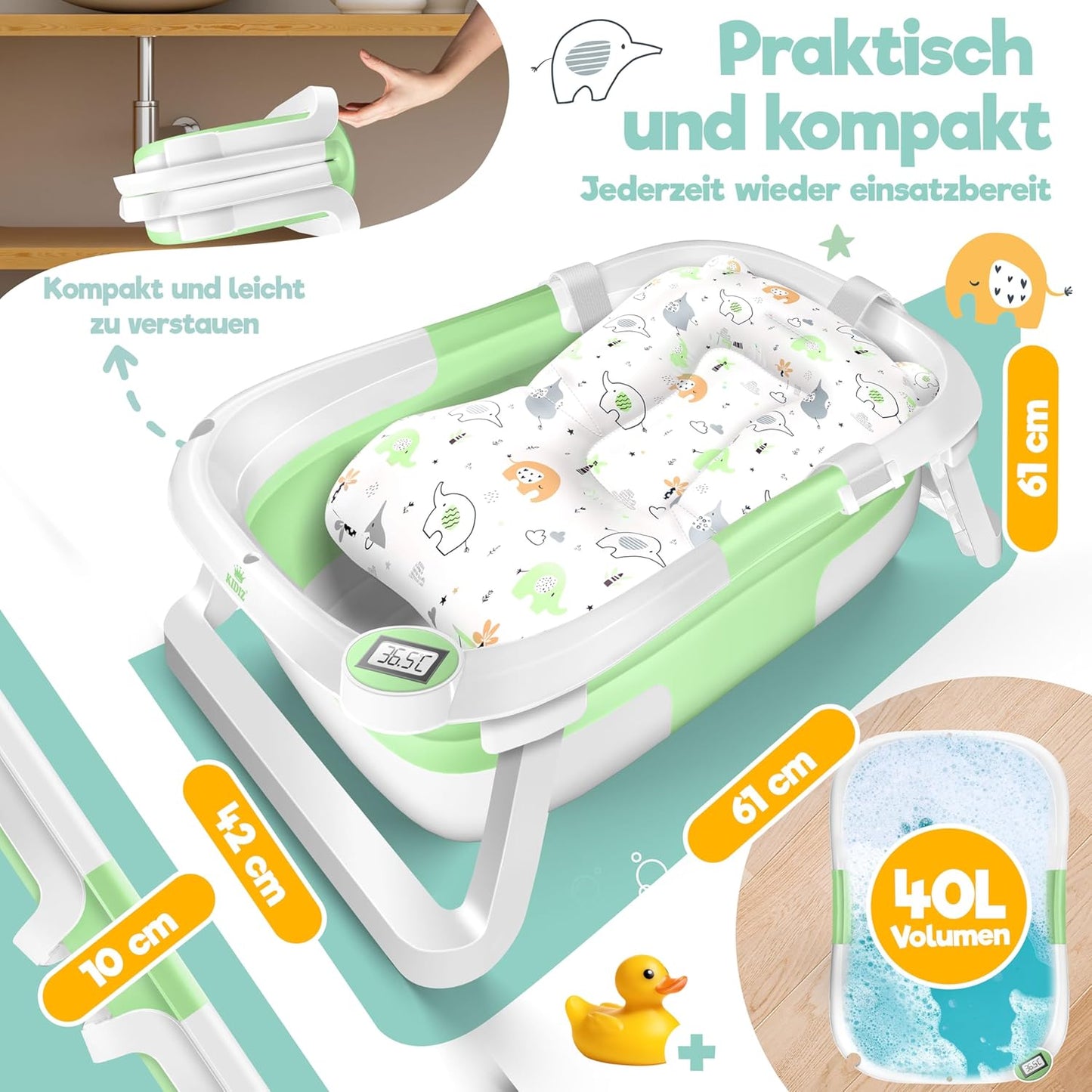 Faltbare Babybadewanne mit Thermostat & Kissen, Grün