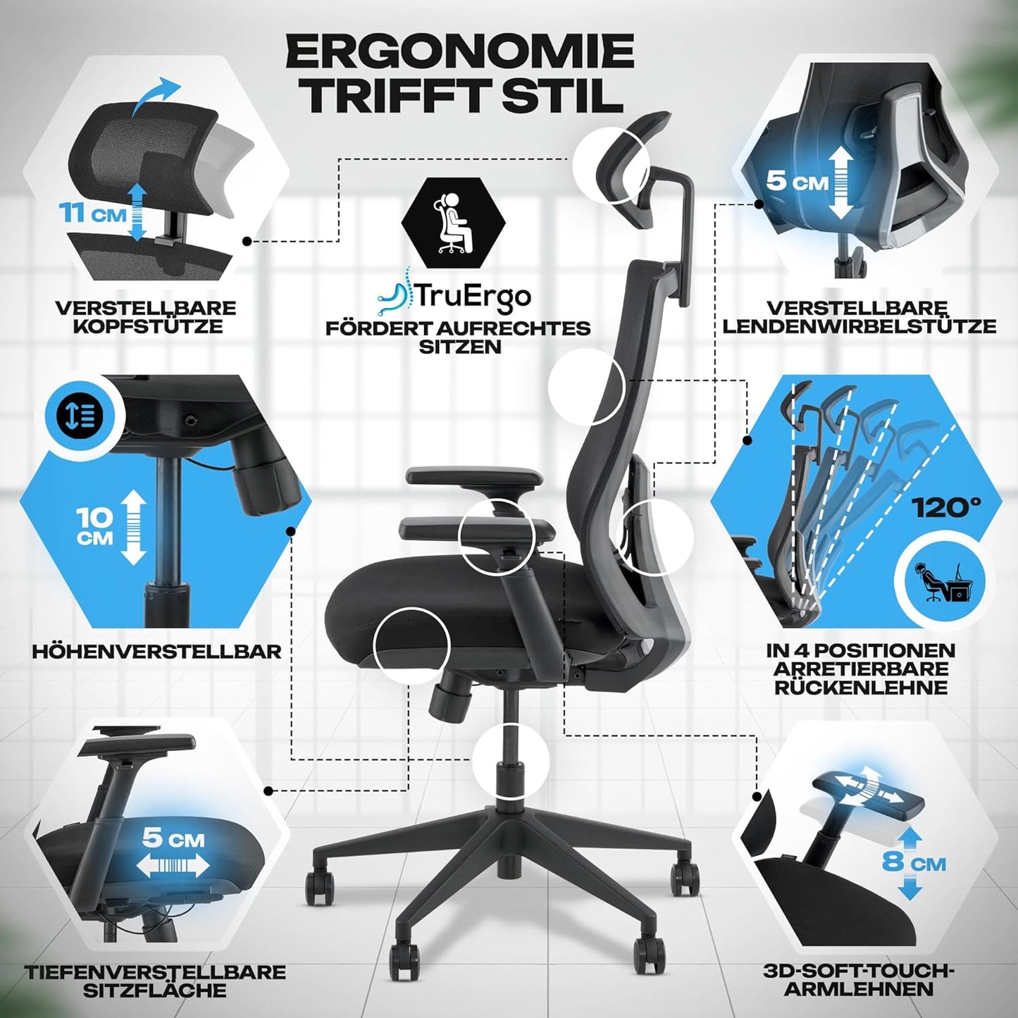 Ergonomischer Bürostuhl M3 Pro mit Kopfstütze, Schwarz M3 Pro
