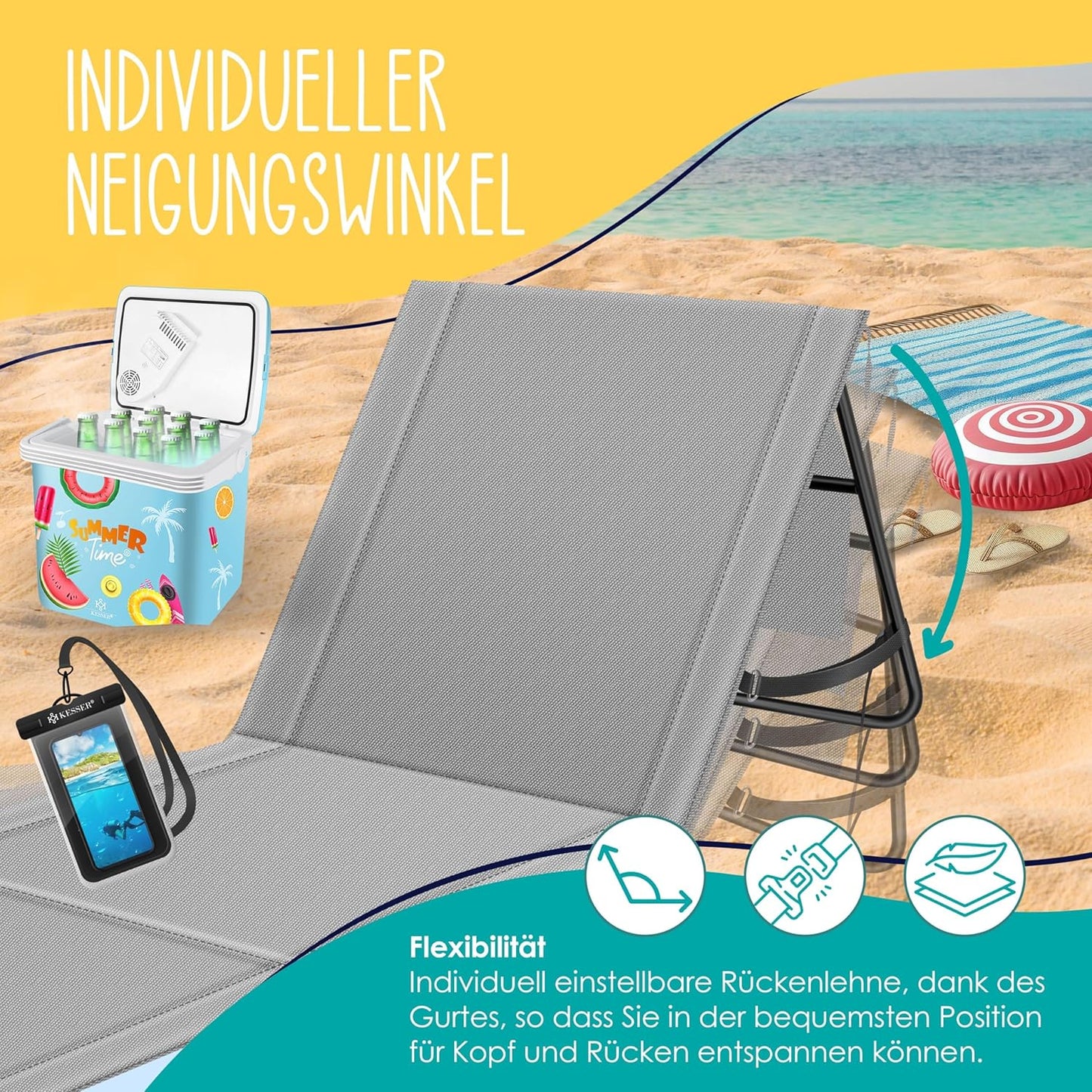 Klappbare Strandmatte mit verstellbarer Rückenlehne und Tragegurt 2er-Set, 2 Stück Grau